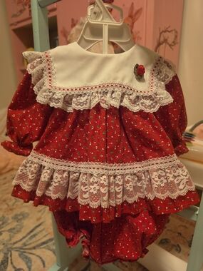 Vintage Bryan Red Ruffle Lace Baby Girl Set